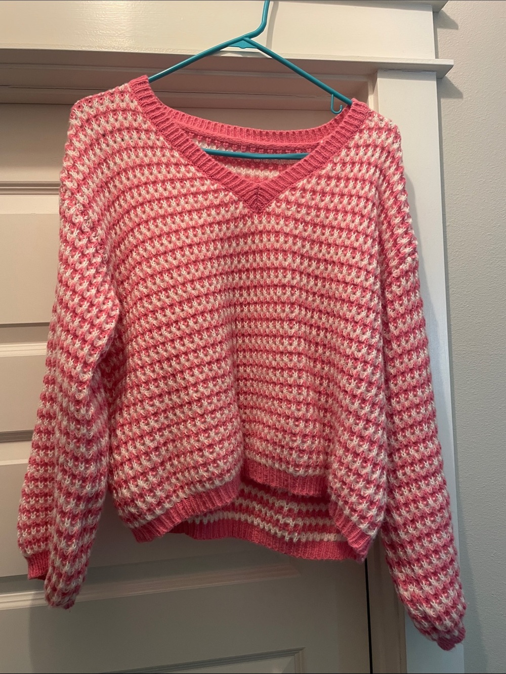 Pink and White V-Neck Knit Sweater
